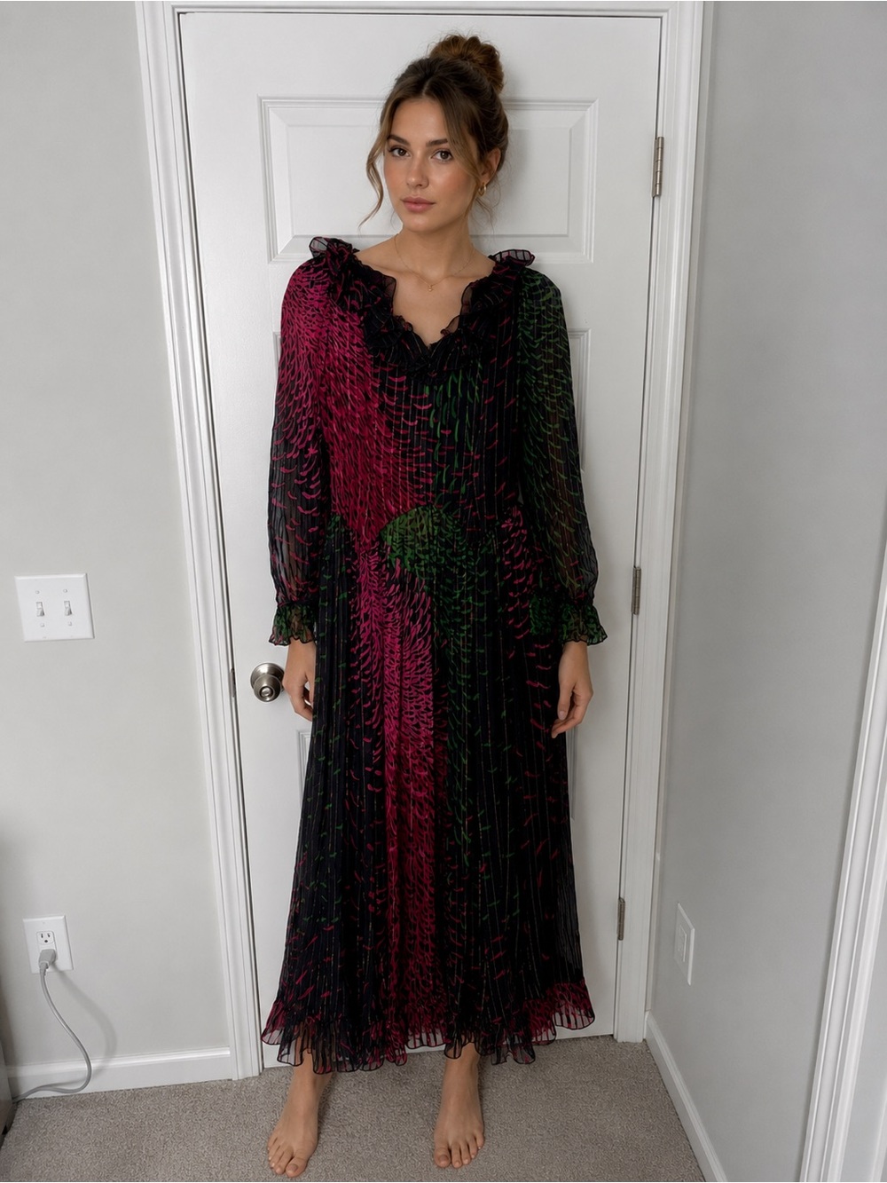 Mignon Black Dress with Fuchsia & Green Abstract Print